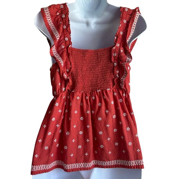 Y2K Old Navy Women Top M Orange Embroidered Flowers Smocked Back Boho Cottage - Picture 2 of 8